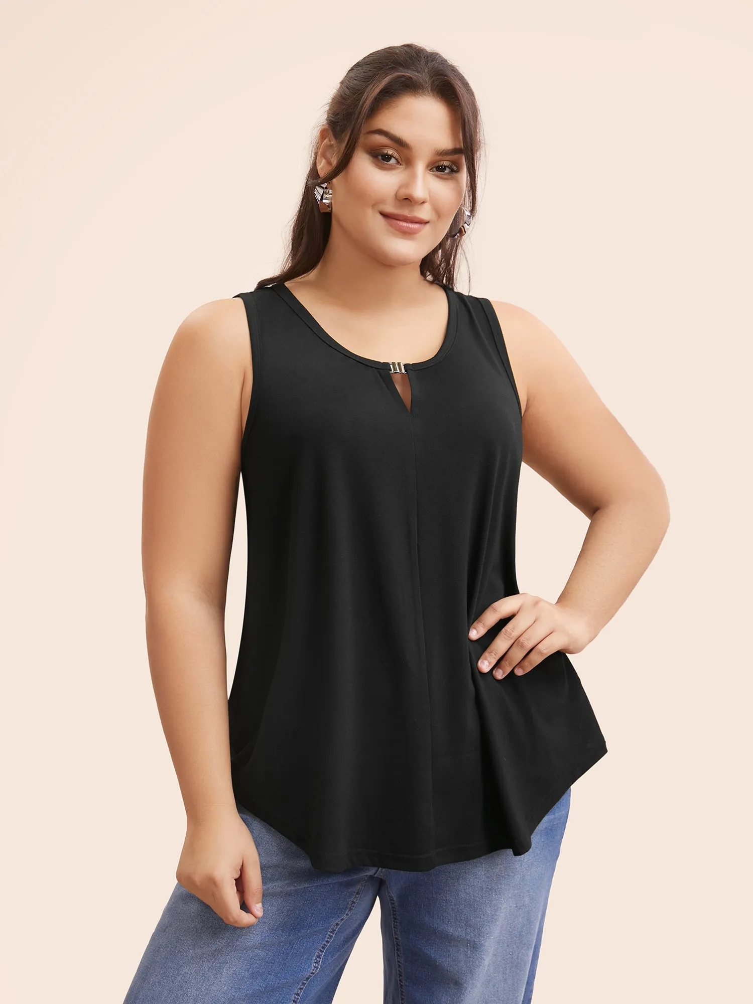 Round Neck Keyhole Metal Detail Tank Top sold by Bloomchic