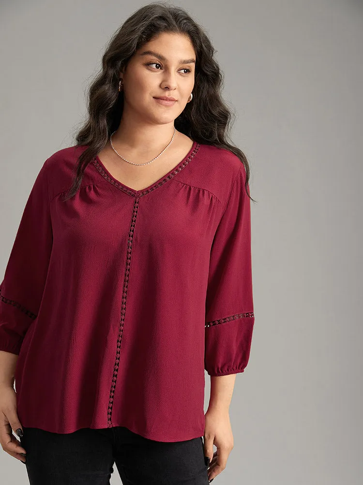 Plain Lace Patchwork Gathered Lantern Sleeve Blouse sold by Bloomchic