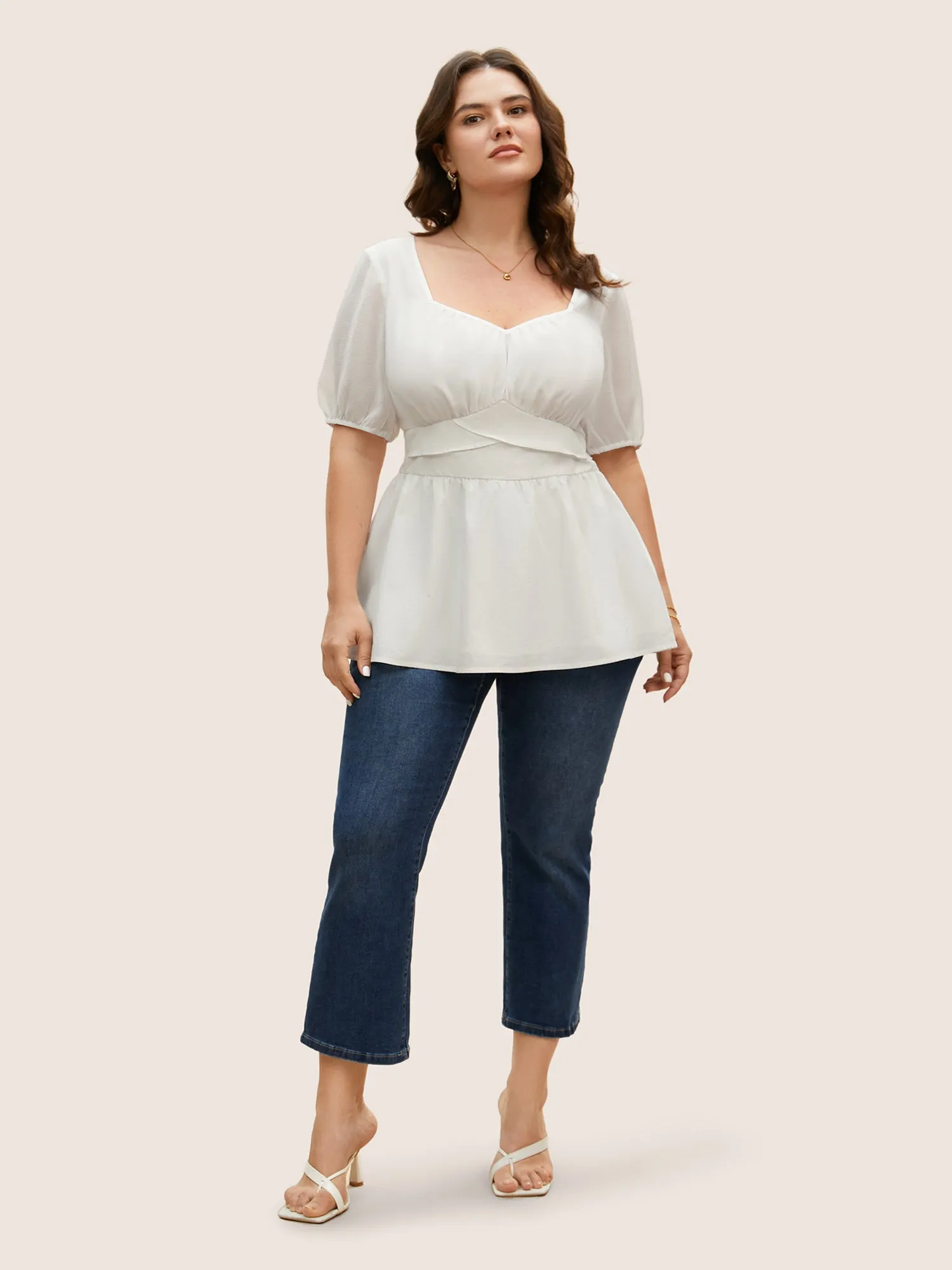 Heart Neckline Shirred Patchwork Lantern Sleeve Blouse sold by Bloomchic product image thumbnail 2