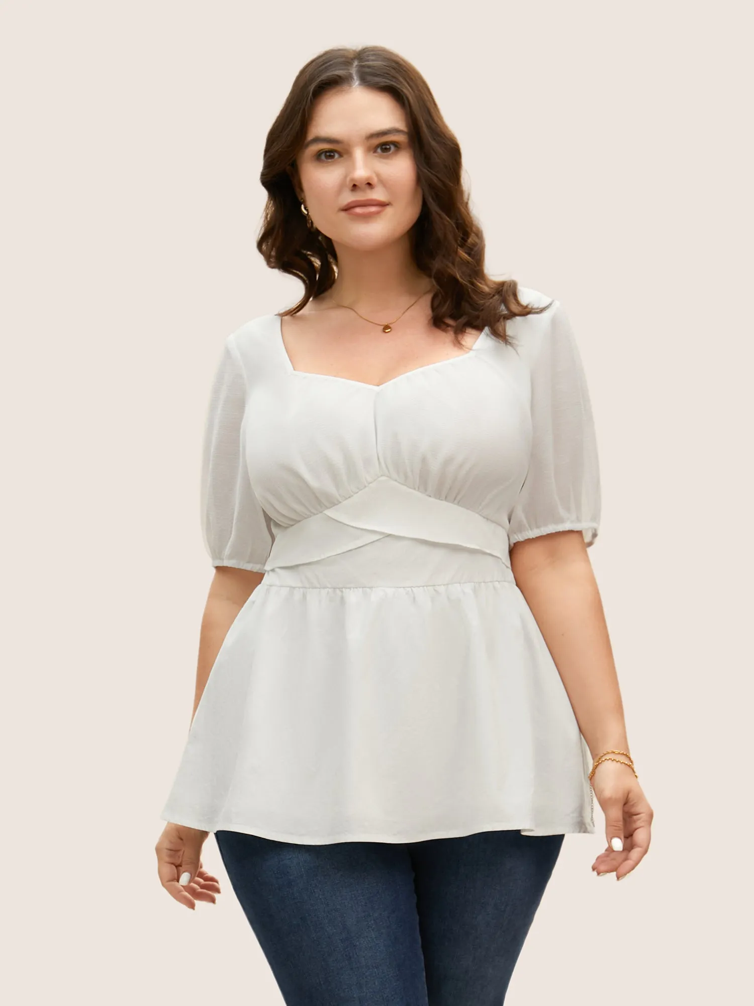 Heart Neckline Shirred Patchwork Lantern Sleeve Blouse sold by Bloomchic