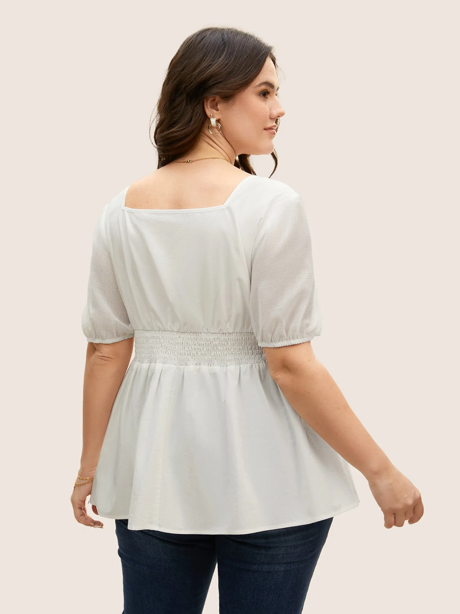 Heart Neckline Shirred Patchwork Lantern Sleeve Blouse sold by Bloomchic product image thumbnail 3