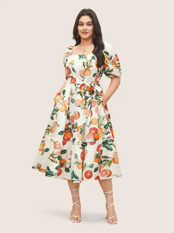 Citrus Orange Print Belted Frill Trim Gathered Dress sold by Bloomchic