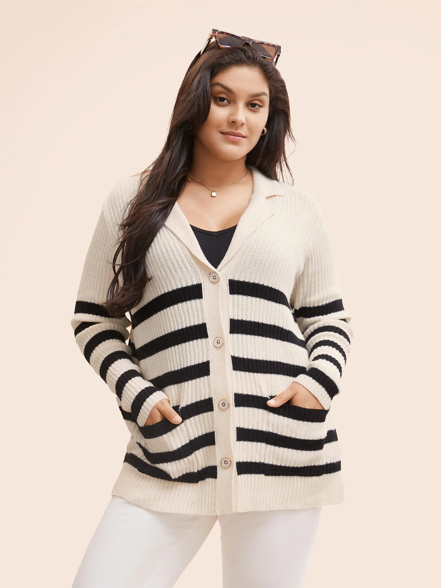 Texture Striped Patch Pocket Cardigan sold by Bloomchic