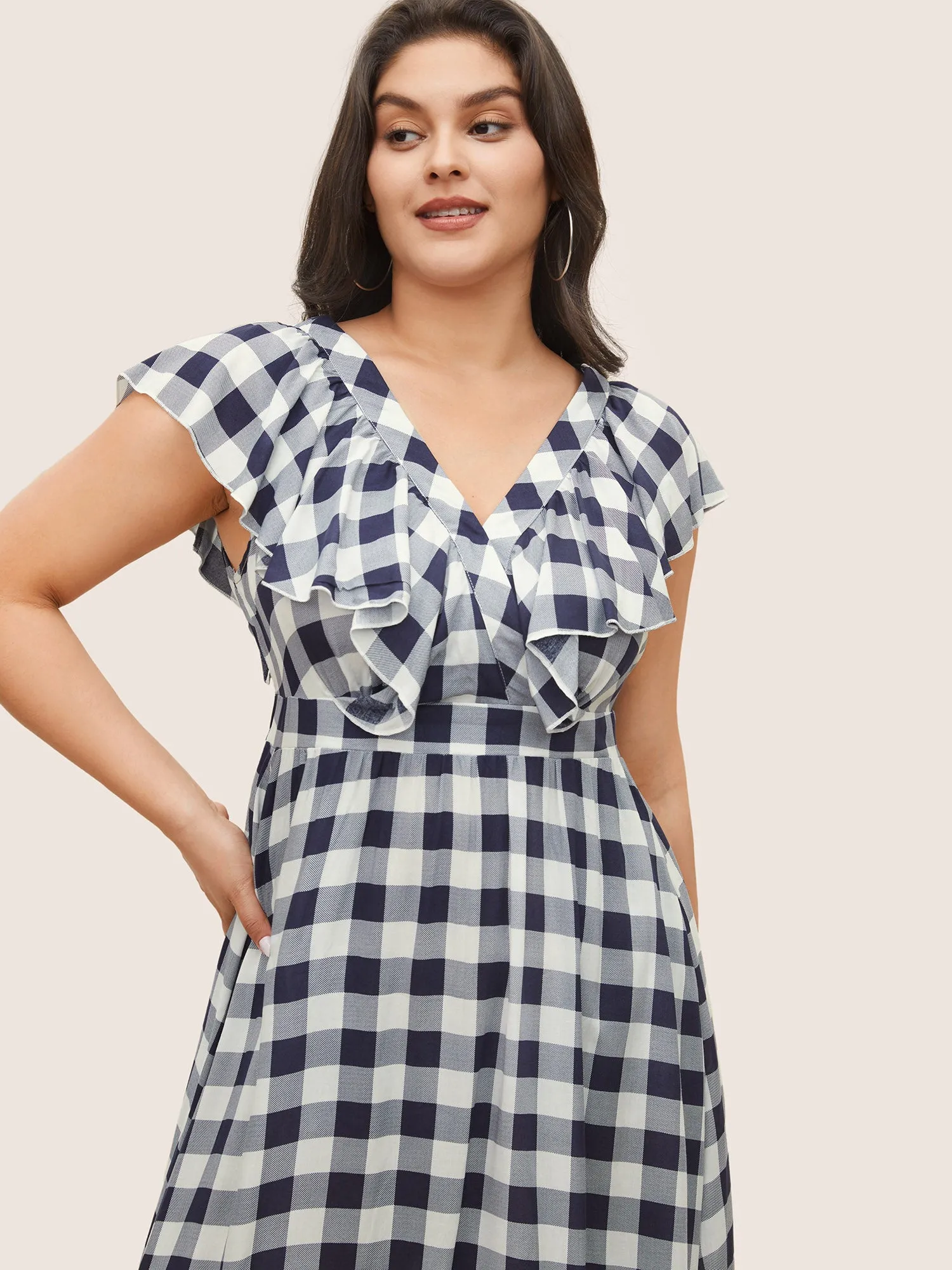 Plaid Elastic Waist Patchwork Ruffle Cap Sleeve Dress sold by Bloomchic product image thumbnail 4