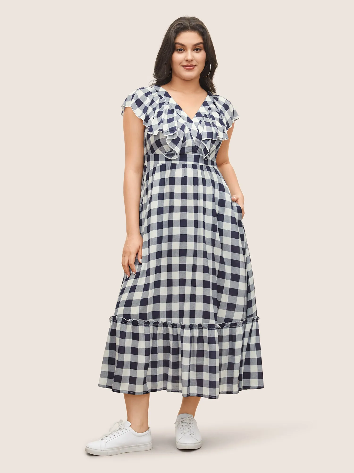 Plaid Elastic Waist Patchwork Ruffle Cap Sleeve Dress sold by Bloomchic