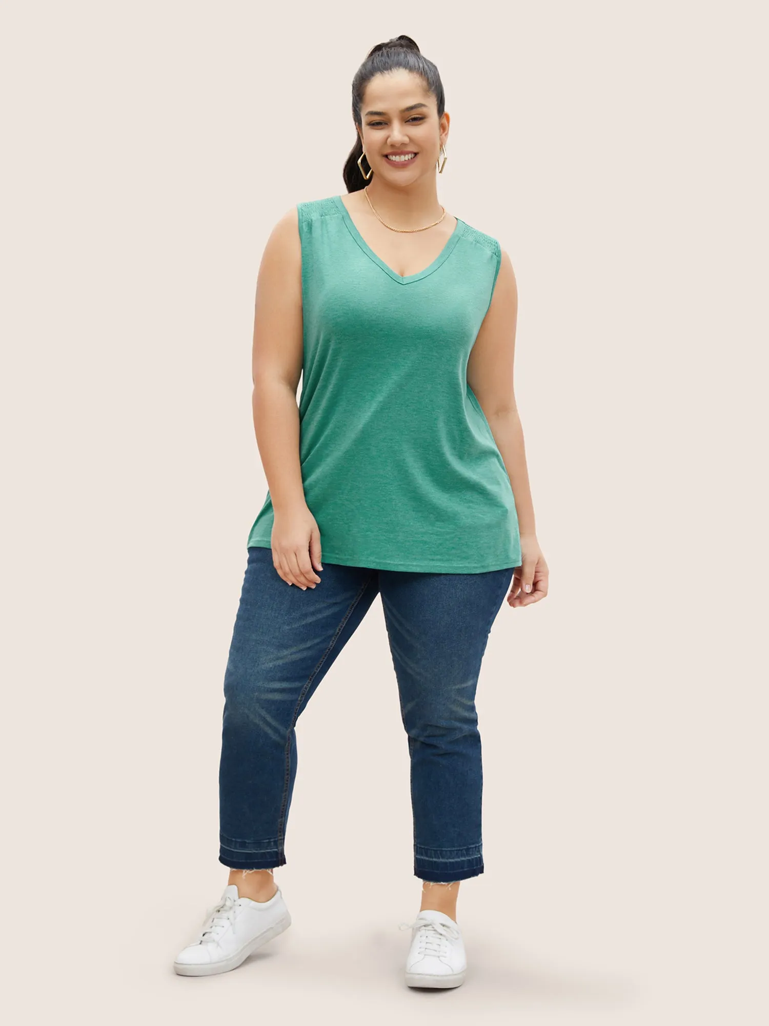 Solid V Neck Shirred Tank Top sold by Bloomchic product image thumbnail 2