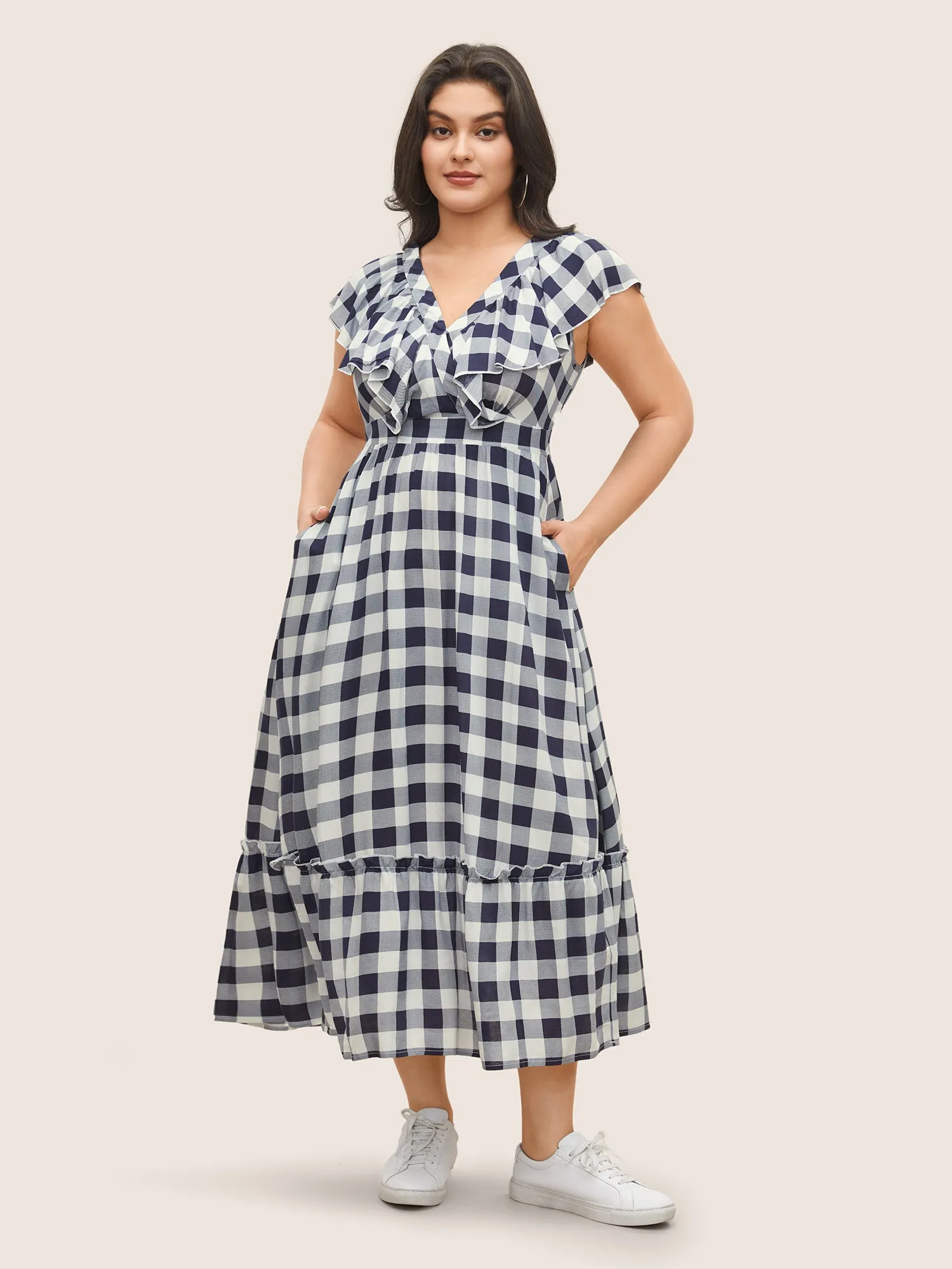 Plaid Elastic Waist Patchwork Ruffle Cap Sleeve Dress sold by Bloomchic product image thumbnail 2