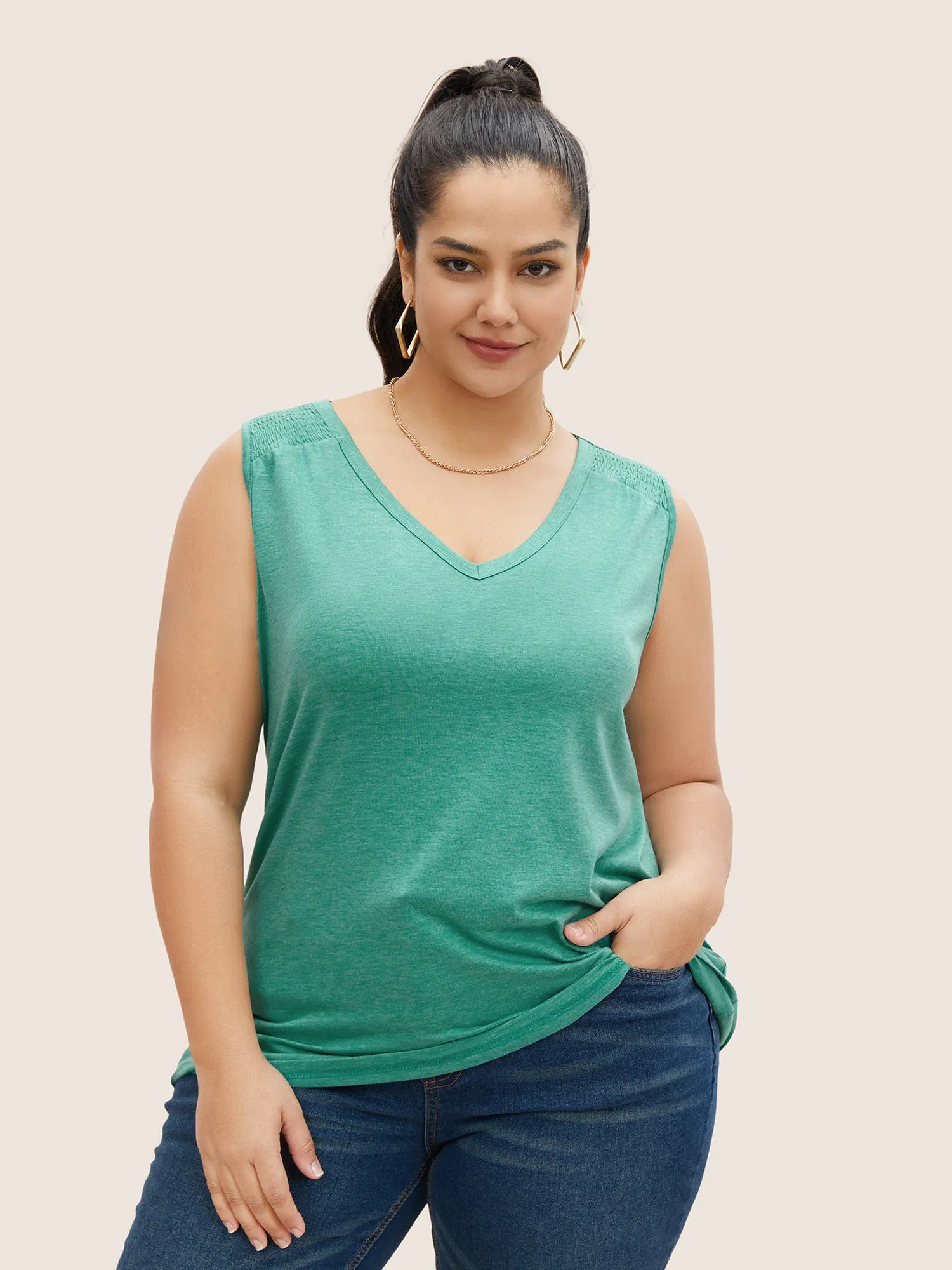 Solid V Neck Shirred Tank Top sold by Bloomchic