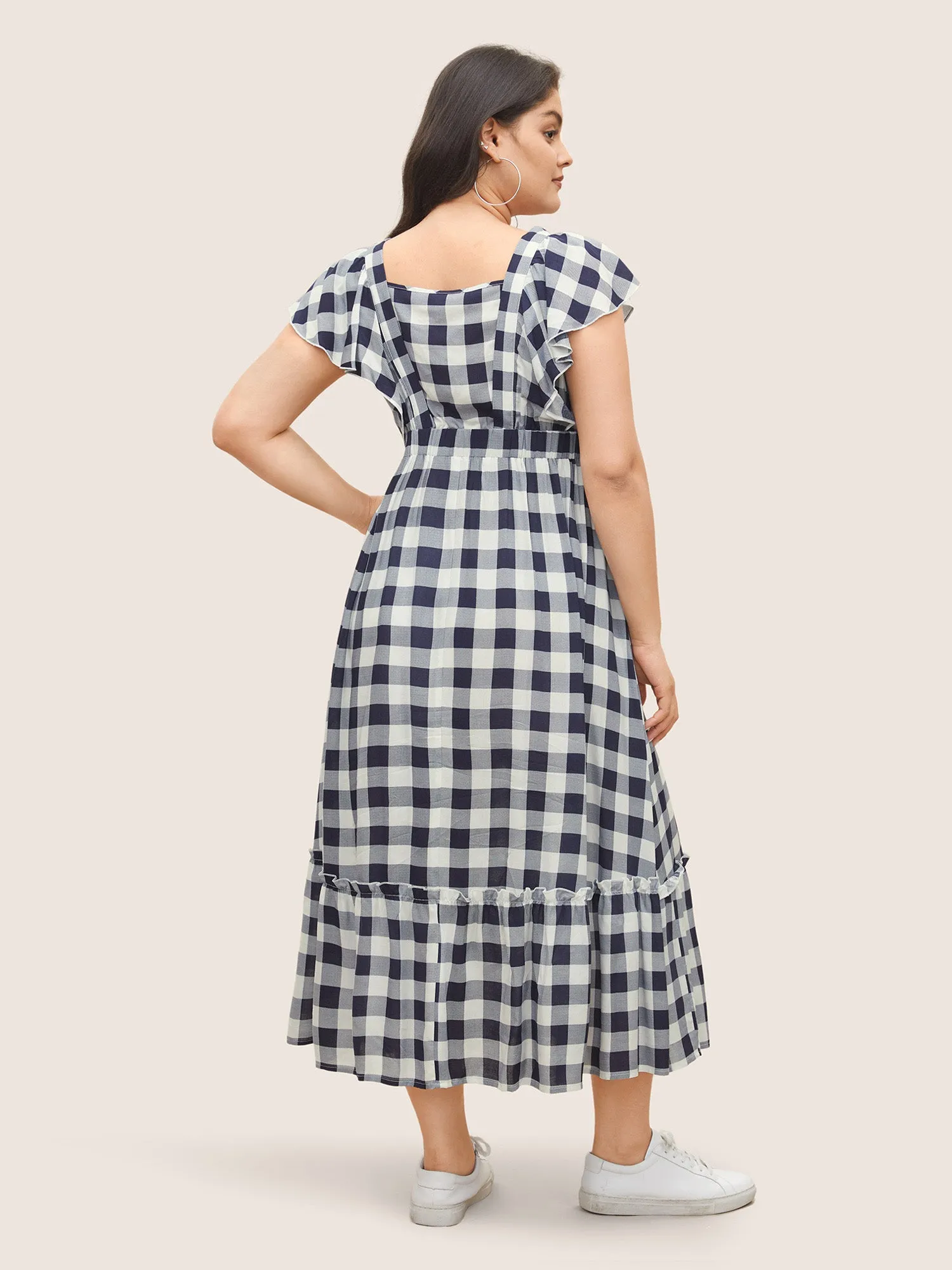 Plaid Elastic Waist Patchwork Ruffle Cap Sleeve Dress sold by Bloomchic product image thumbnail 3
