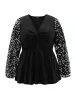Patchwork Velvet Twist Front Elastic Waist Sequin Blouse sold by Bloomchic