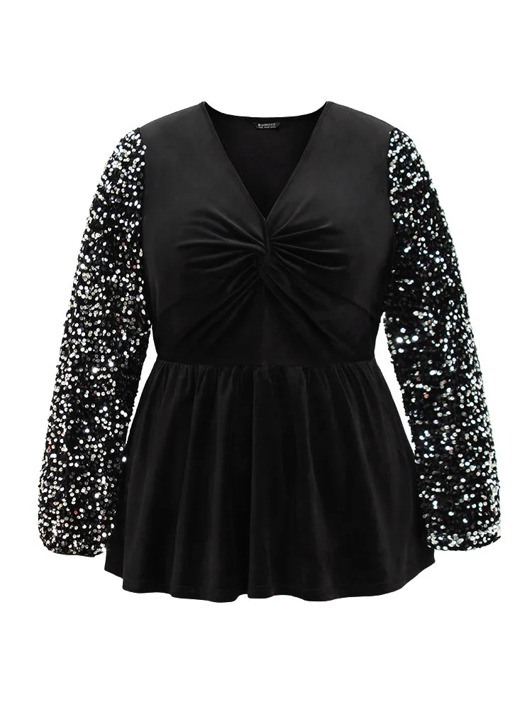 Patchwork Velvet Twist Front Elastic Waist Sequin Blouse sold by Bloomchic product image thumbnail 5