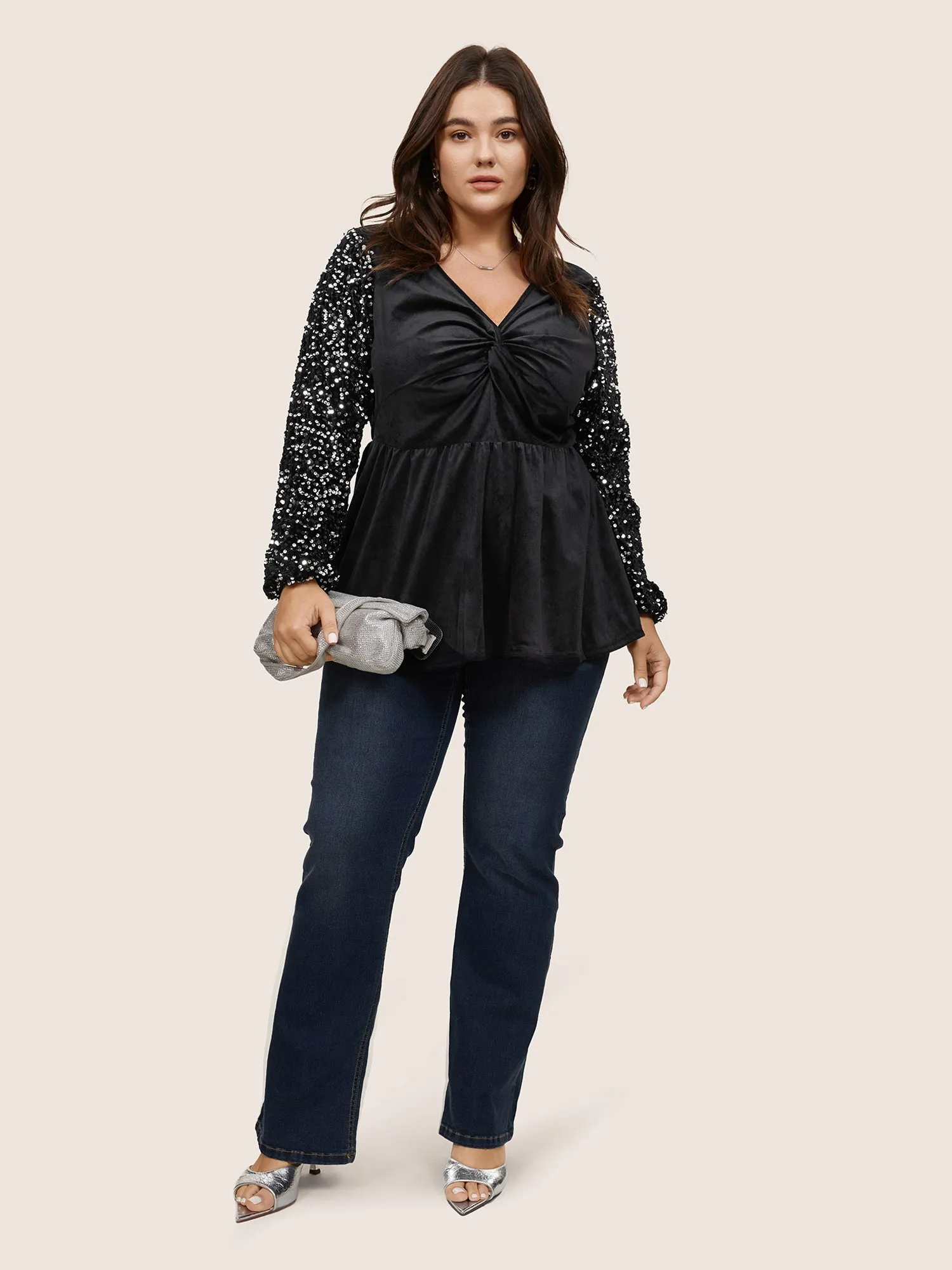 Patchwork Velvet Twist Front Elastic Waist Sequin Blouse sold by Bloomchic product image thumbnail 2