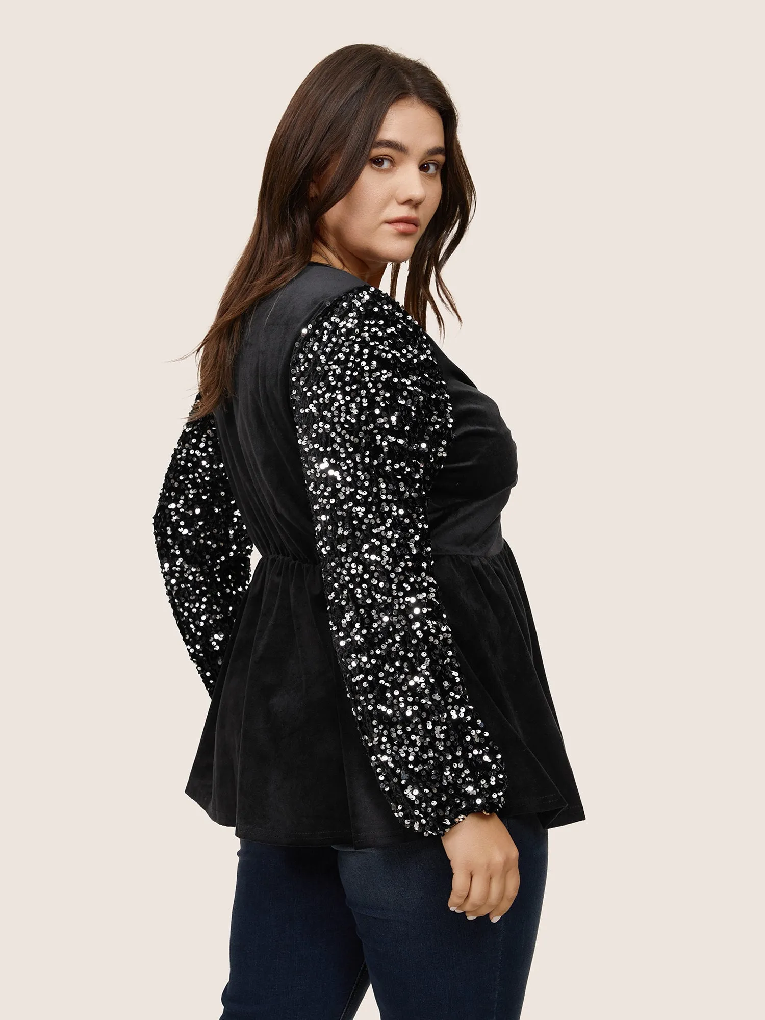 Patchwork Velvet Twist Front Elastic Waist Sequin Blouse sold by Bloomchic product image thumbnail 4