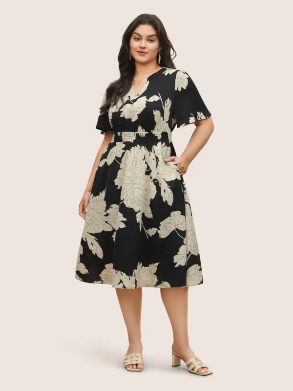 Floral Print Notched Belted Flutter Sleeve Dress sold by Bloomchic
