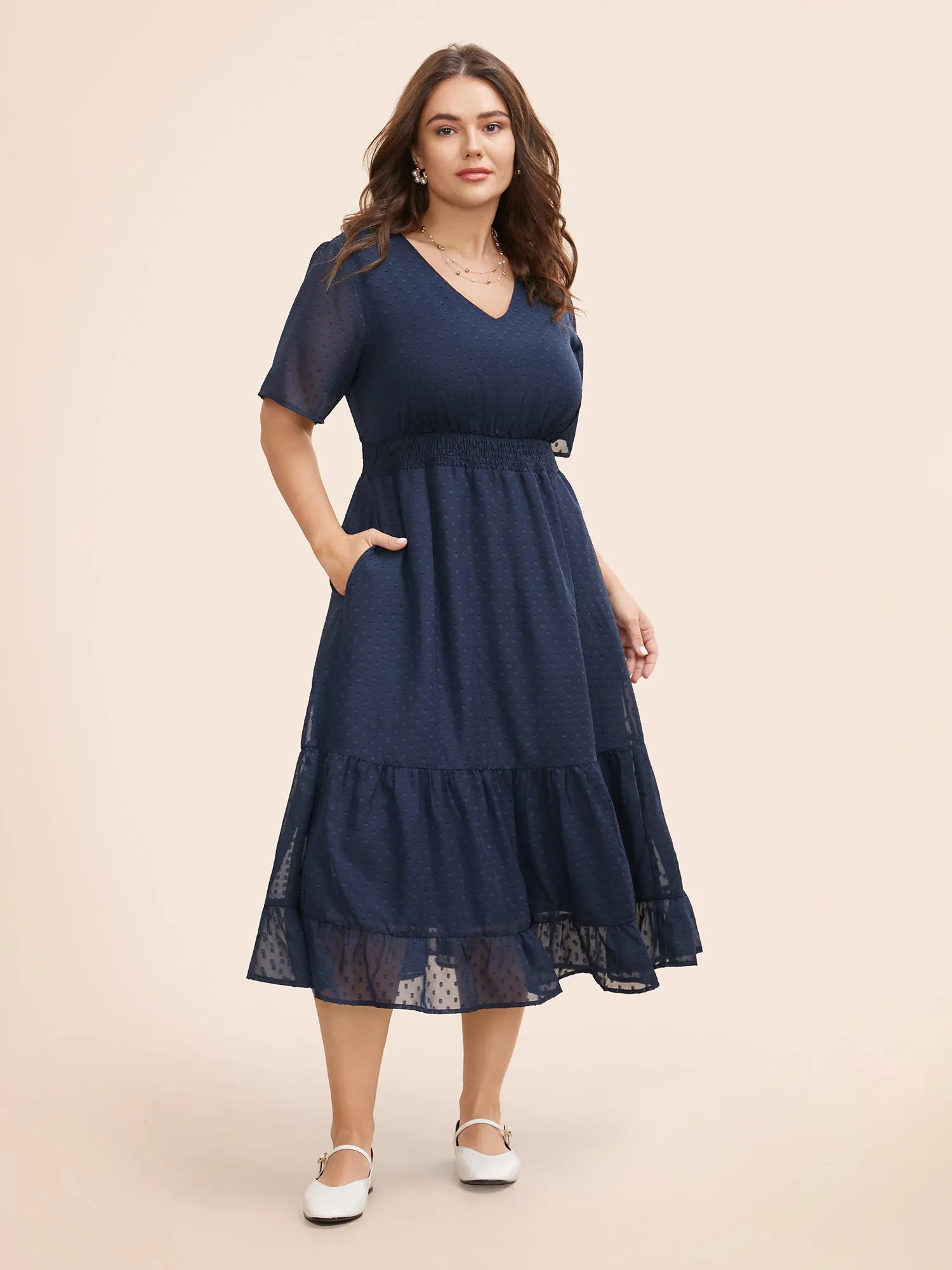 Textured Shirred Ruffle Sleeve Midi Dress sold by Bloomchic product image thumbnail 2