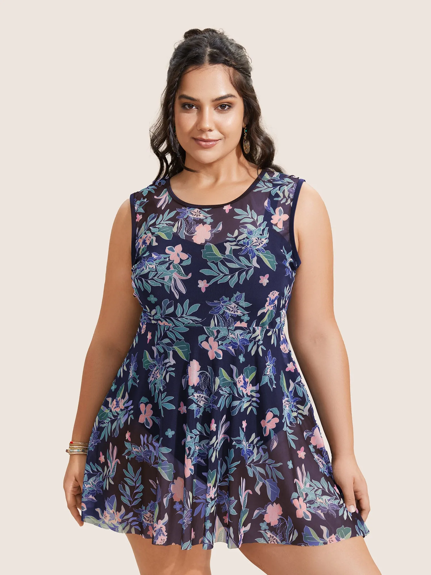 U Neck Tropical Print See Through Swim Dress sold by Bloomchic