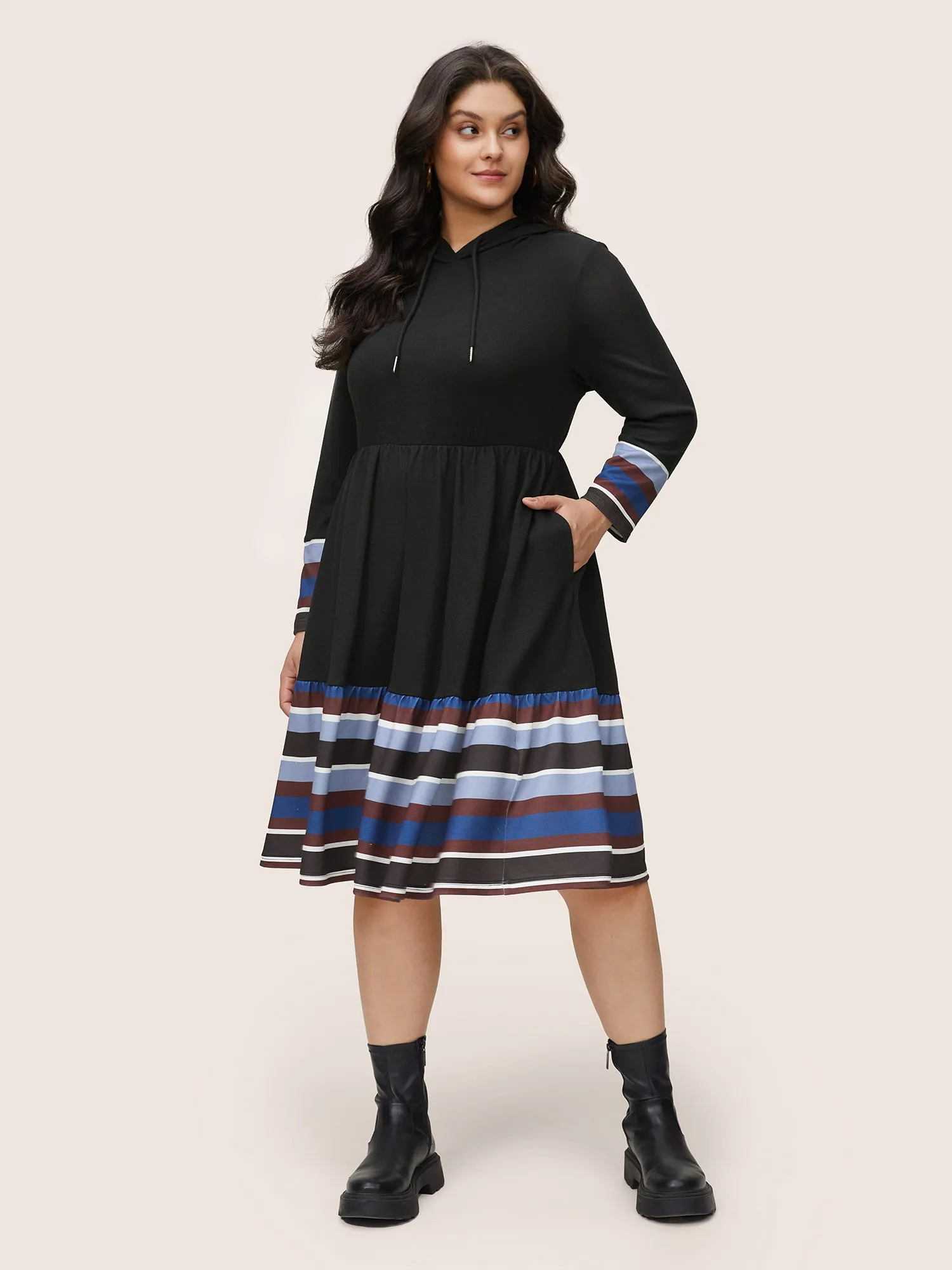 Contrast Striped Flutter Hem Hooded Drawstring Dress sold by Bloomchic product image thumbnail 3