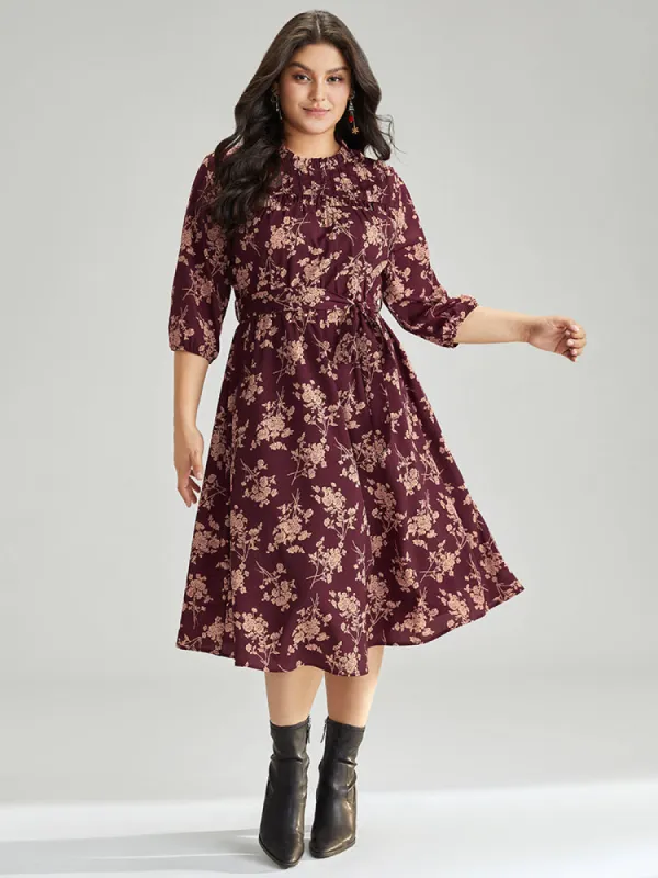 Silhouette Floral Print Stand Collar Belted Pleated Dress sold by Bloomchic