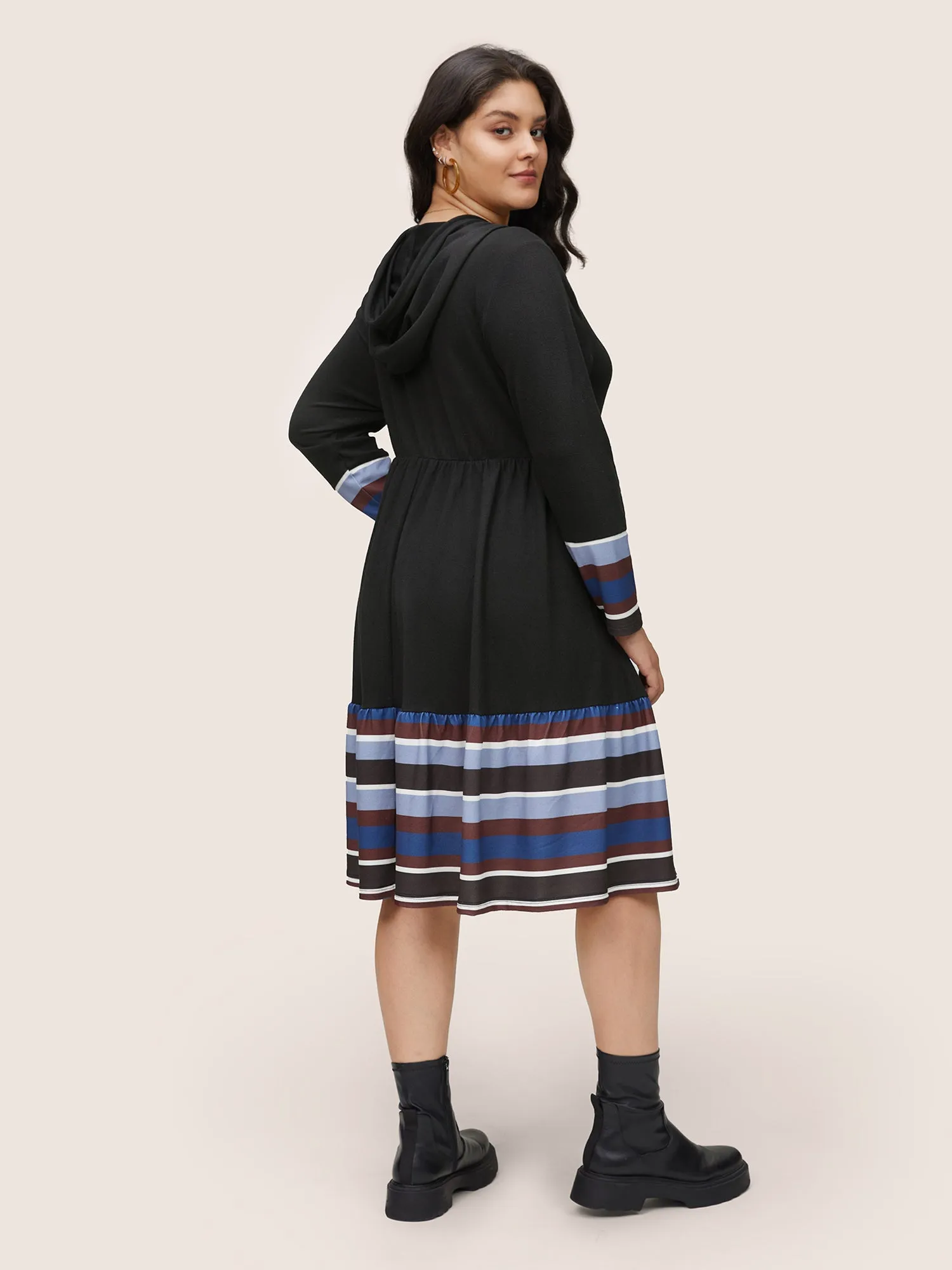Contrast Striped Flutter Hem Hooded Drawstring Dress sold by Bloomchic product image thumbnail 4