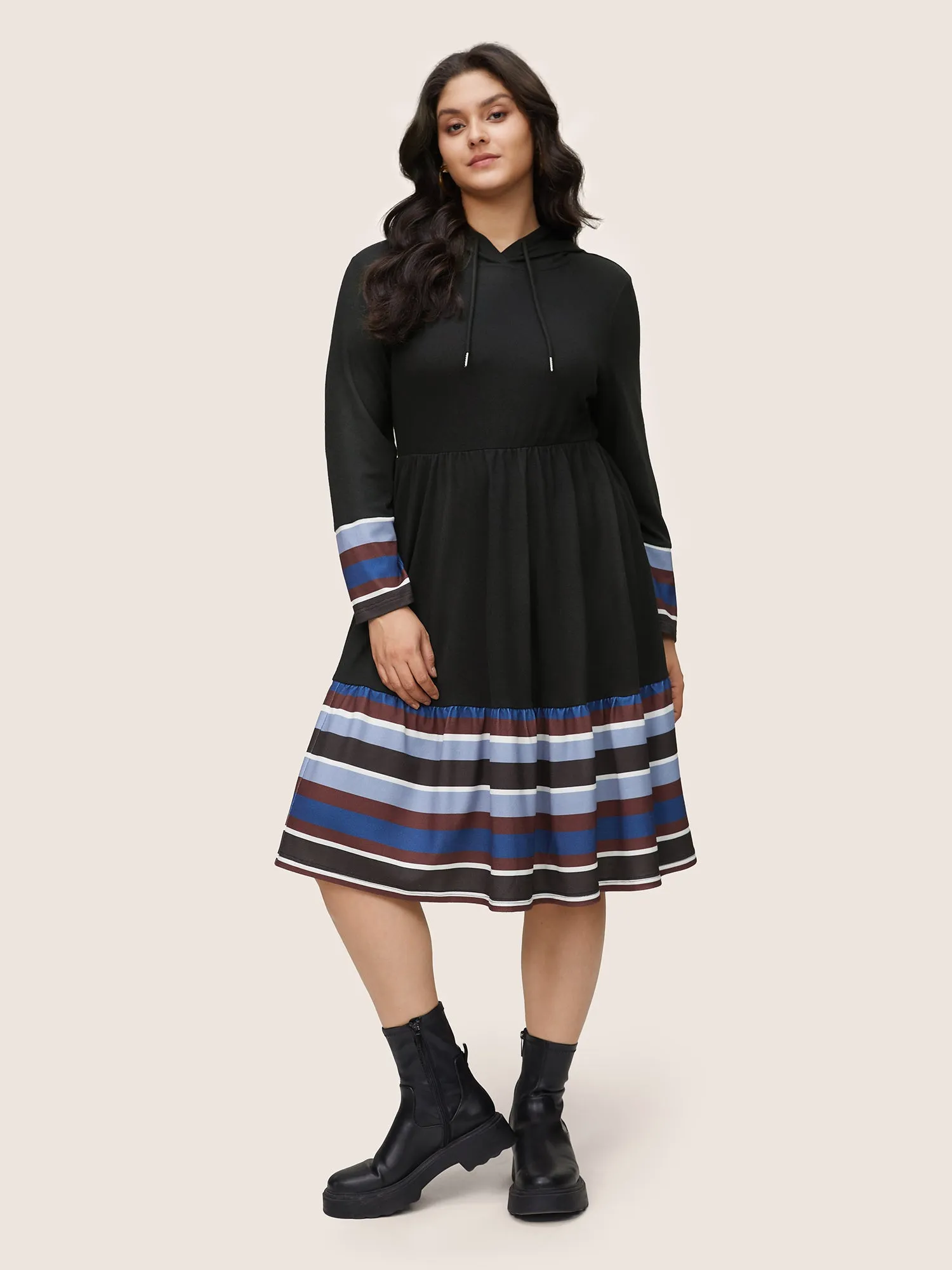 Contrast Striped Flutter Hem Hooded Drawstring Dress sold by Bloomchic