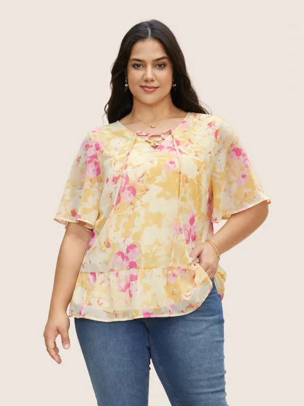 Floral Flutter Sleeve Lace Up Blouse sold by Bloomchic