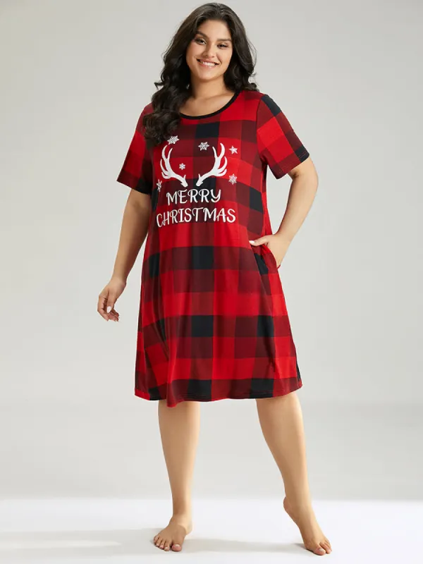 Christmas Elk Print Crew Neck Pocket Sleep Dress sold by Bloomchic
