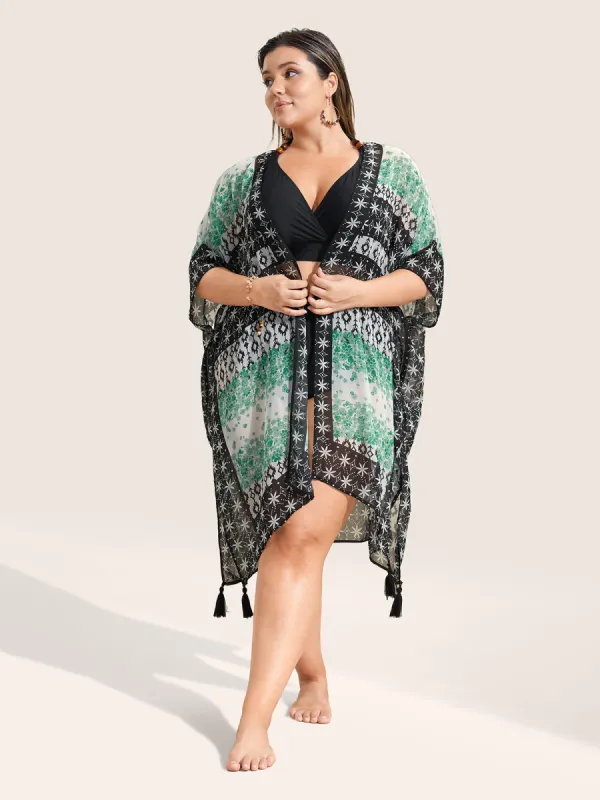 Boho Print Tassels See Through Slit Hem Kimono sold by Bloomchic