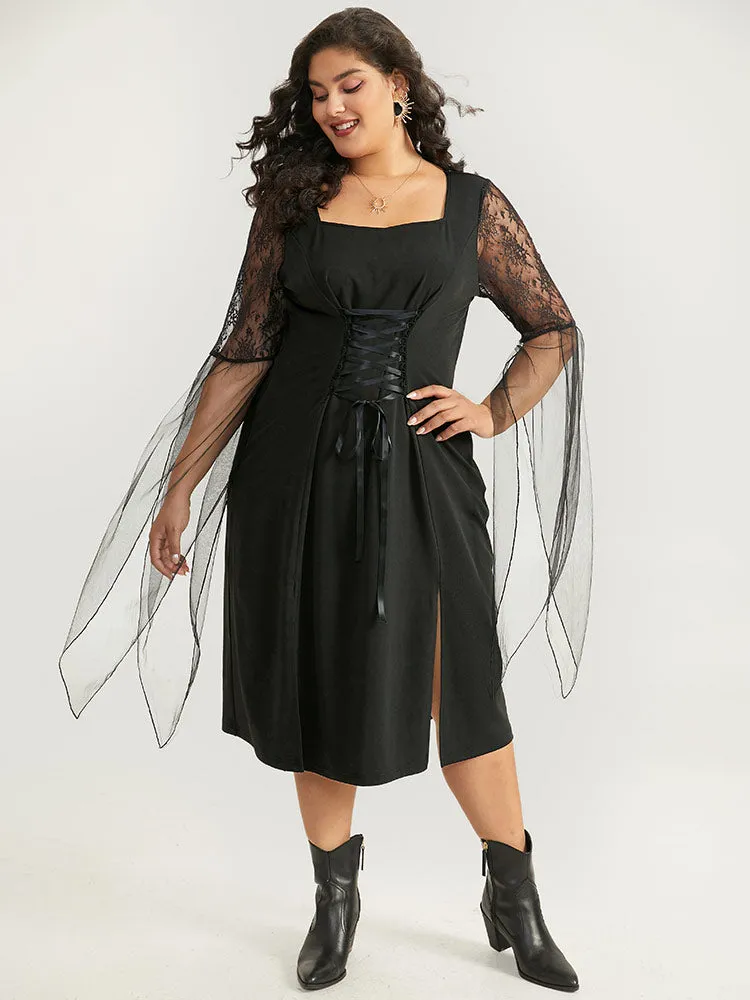 Halloween Patchwork Lace Mesh Split Hem Lace Up Dress sold by Bloomchic product image thumbnail 5