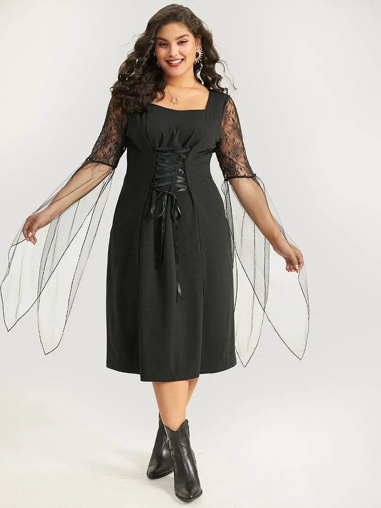 Halloween Patchwork Lace Mesh Split Hem Lace Up Dress sold by Bloomchic product image thumbnail 2