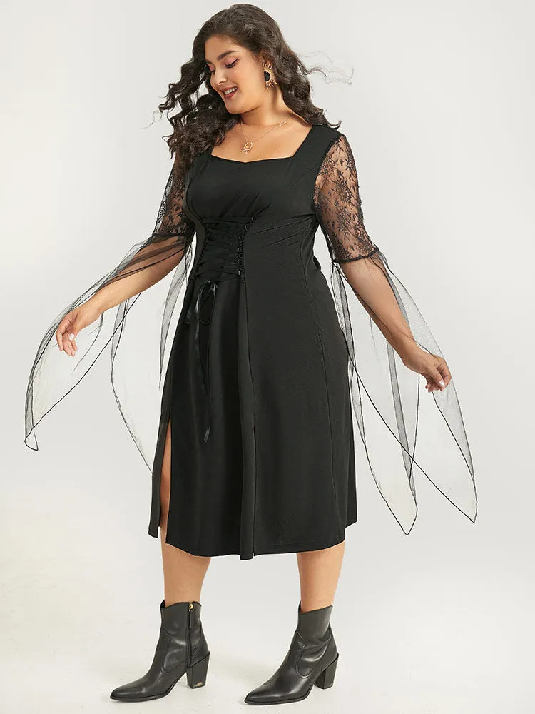 Halloween Patchwork Lace Mesh Split Hem Lace Up Dress sold by Bloomchic product image thumbnail 3