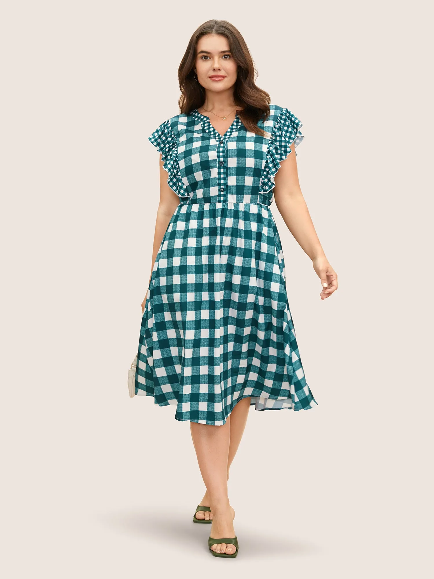 Plaid Notched Ruffle Cap Sleeve Midi Dress sold by Bloomchic product image thumbnail 2