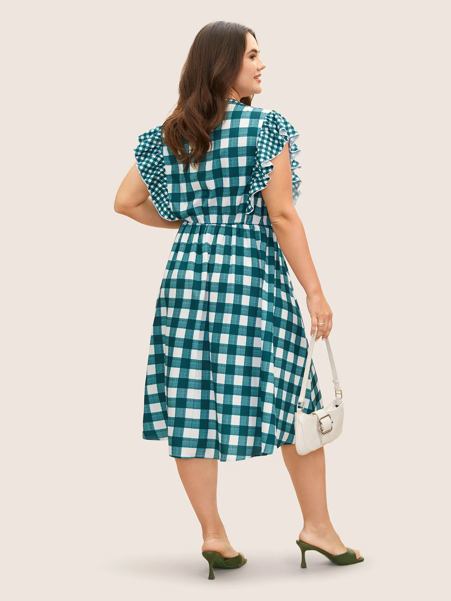 Plaid Notched Ruffle Cap Sleeve Midi Dress sold by Bloomchic product image thumbnail 4