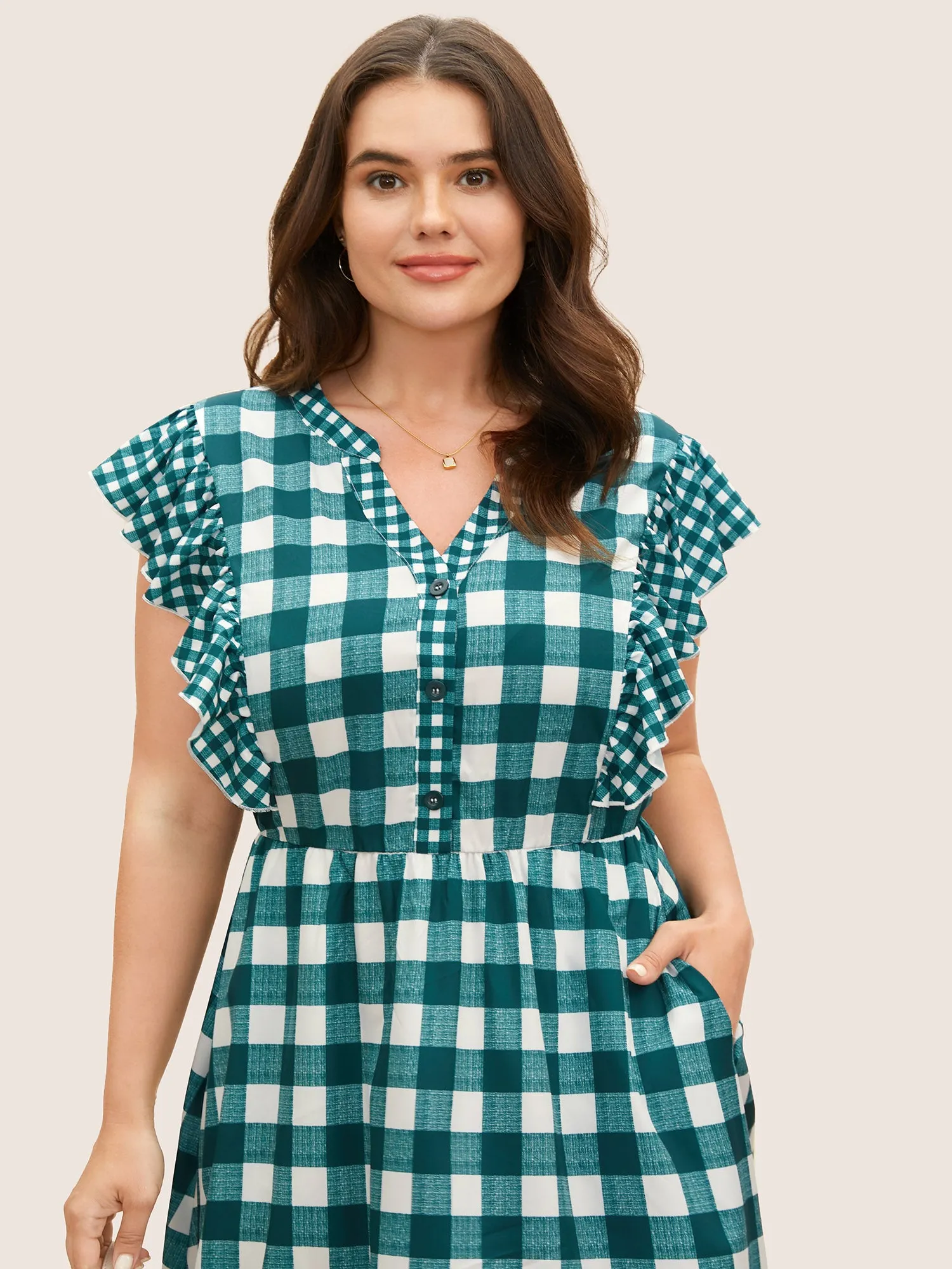 Plaid Notched Ruffle Cap Sleeve Midi Dress sold by Bloomchic product image thumbnail 3