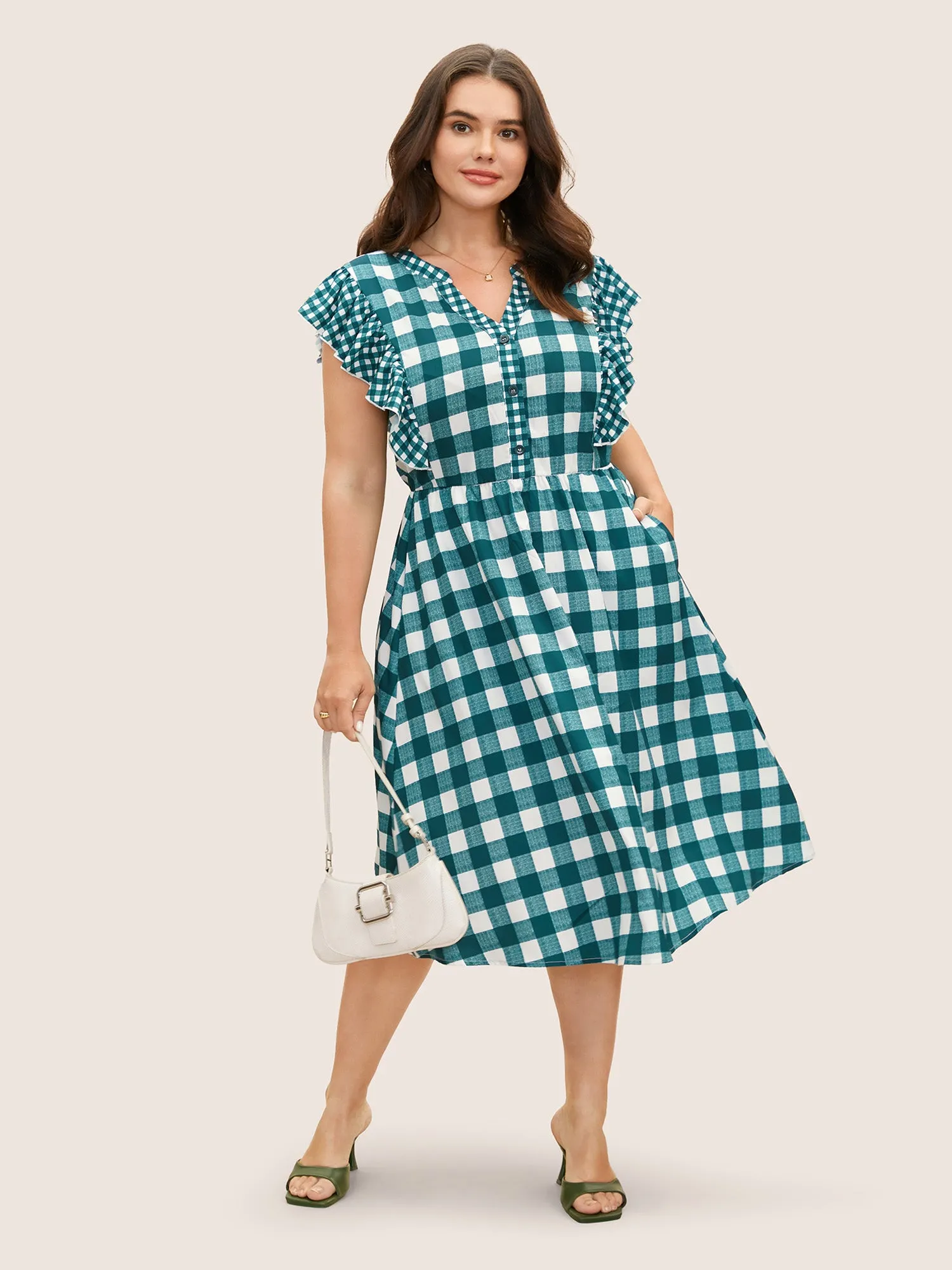 Plaid Notched Ruffle Cap Sleeve Midi Dress sold by Bloomchic