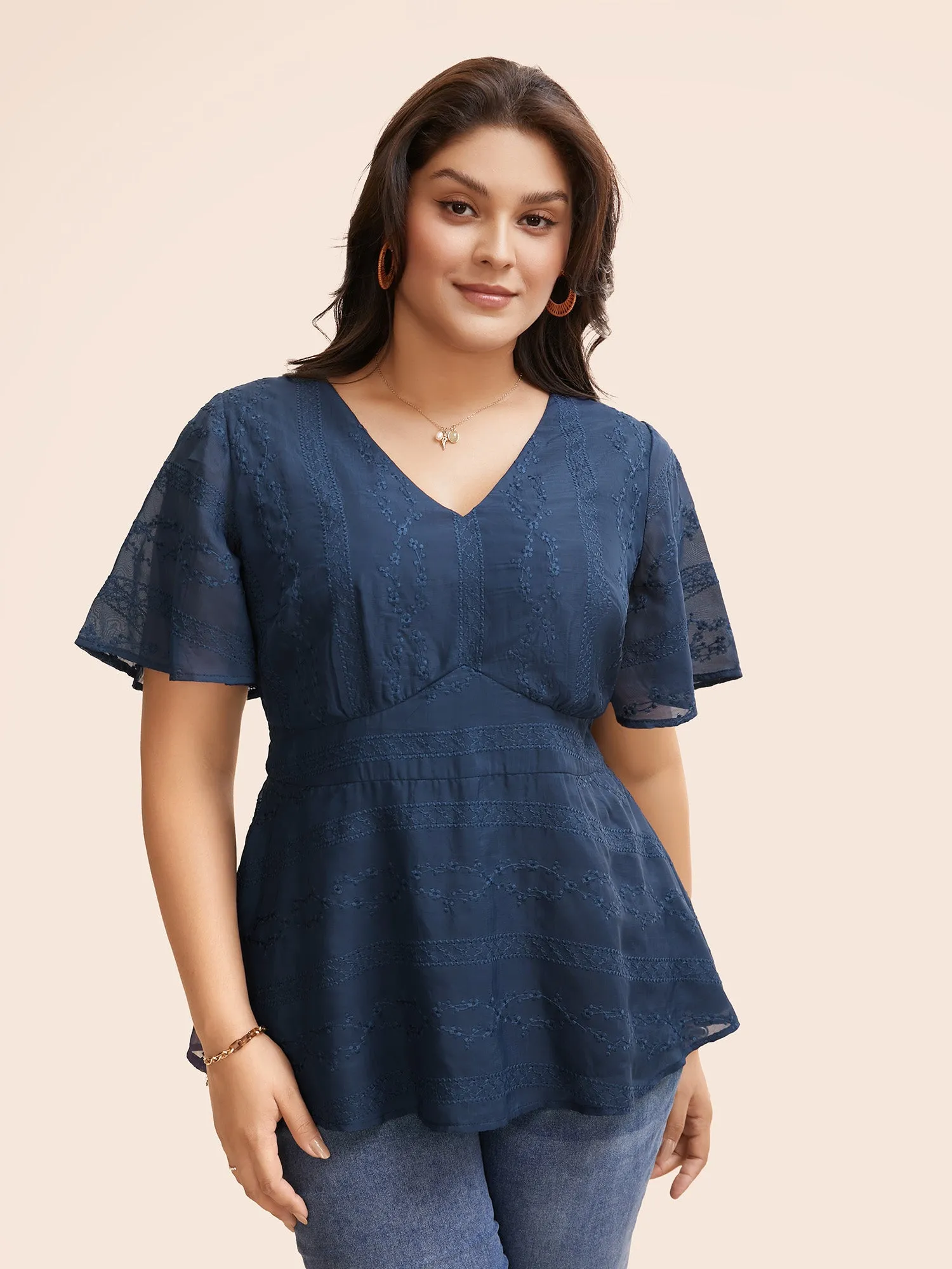 Floral Embroidered Shirred Patchwork Mesh Blouse sold by Bloomchic