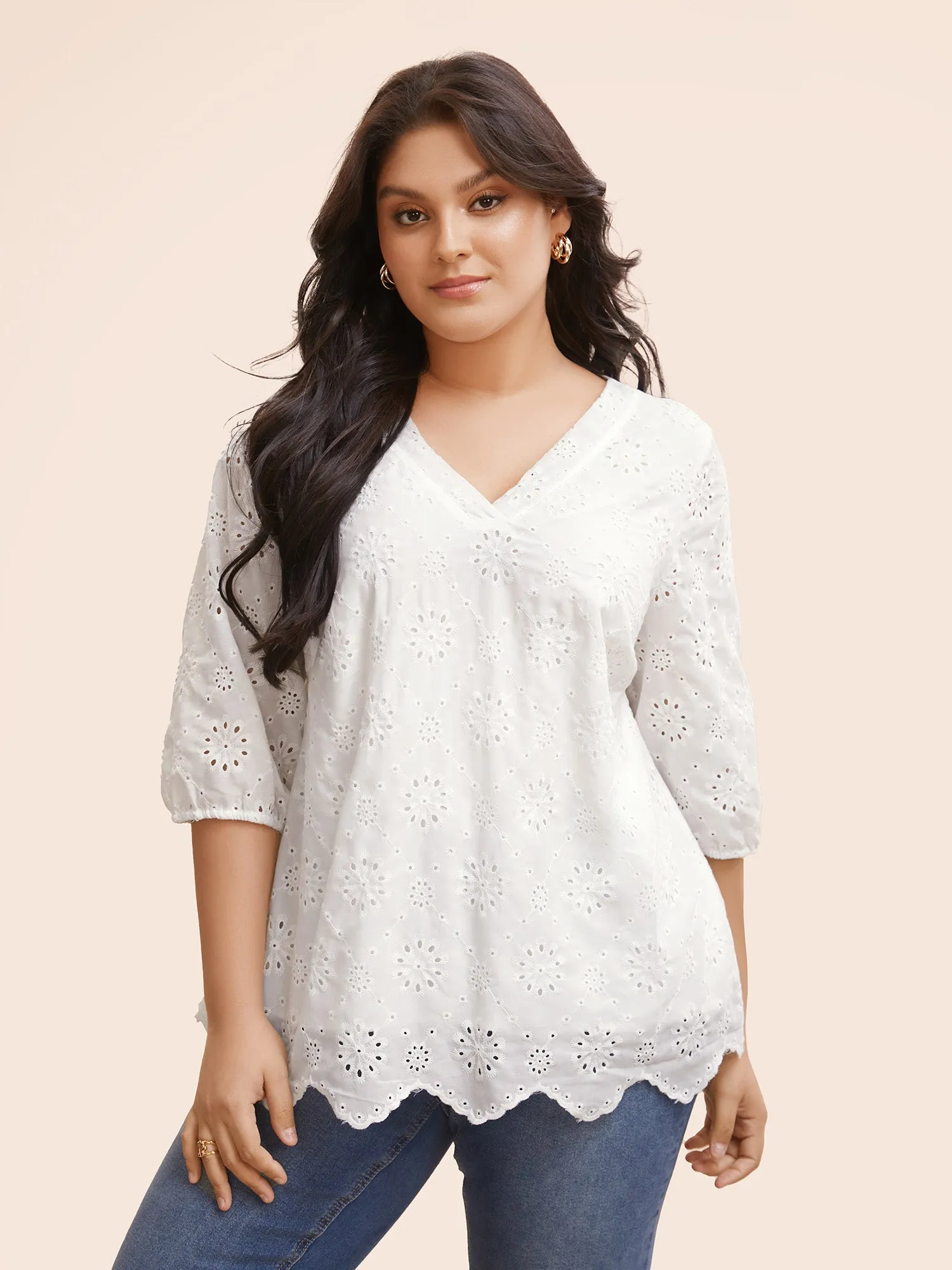 Solid Broderie Anglaise Lantern Sleeve Blouse sold by Bloomchic