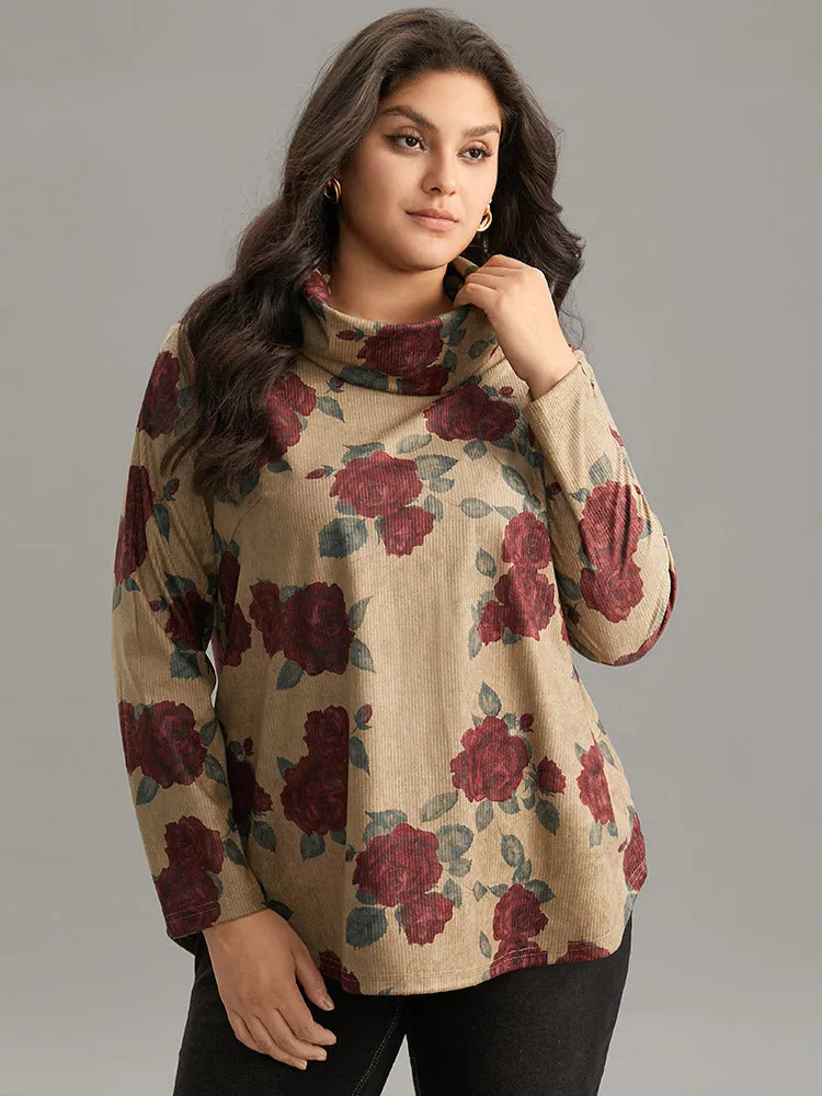 Rose Print Textured Turtleneck T-shirt sold by Bloomchic