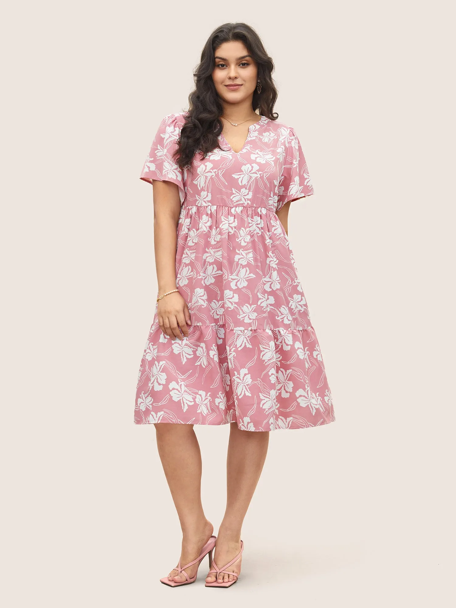 Silhouette Floral Print Notched Collar Pleated Dress sold by Bloomchic