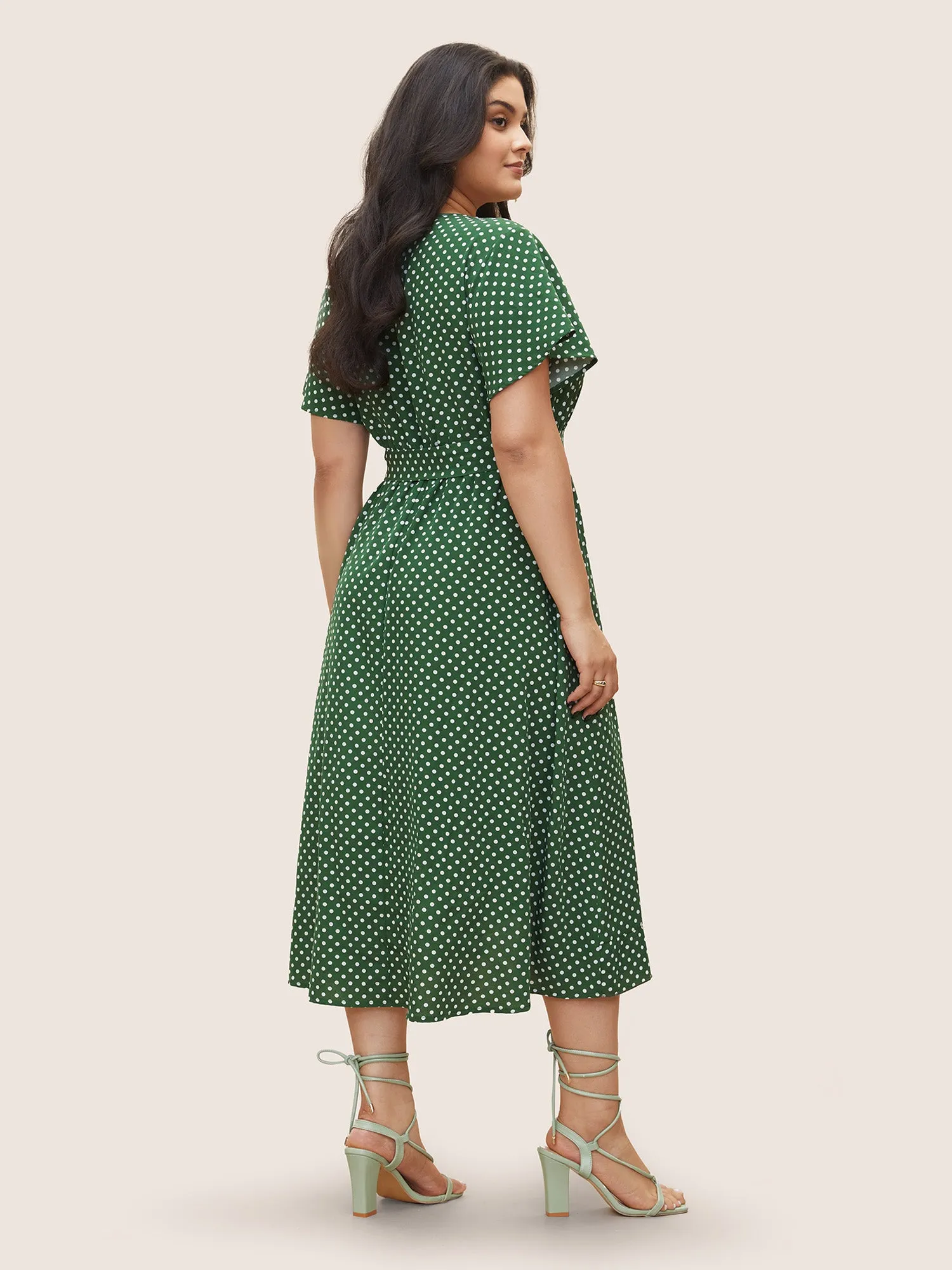 Polka Dot Flutter Trim Belted Overlap Collar Dress sold by Bloomchic product image thumbnail 3