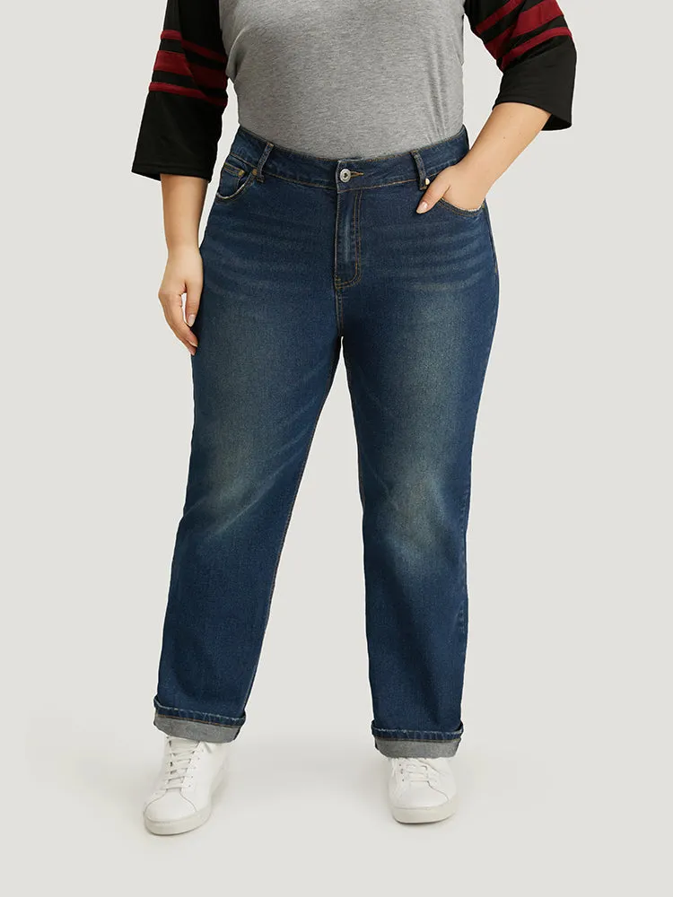 Plain Roll Hem Medium Wash Full Length Jeans sold by Bloomchic