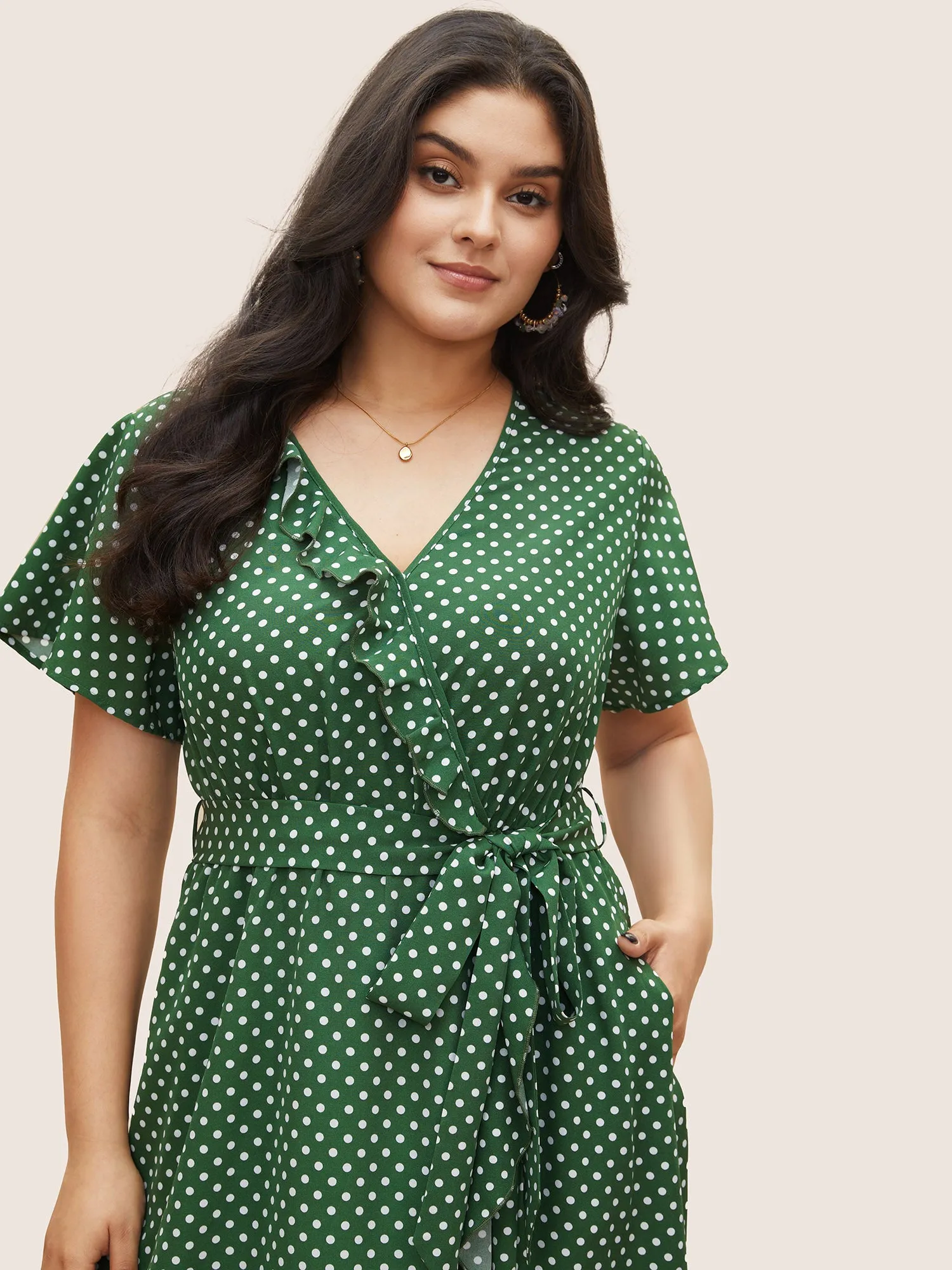 Polka Dot Flutter Trim Belted Overlap Collar Dress sold by Bloomchic product image thumbnail 4