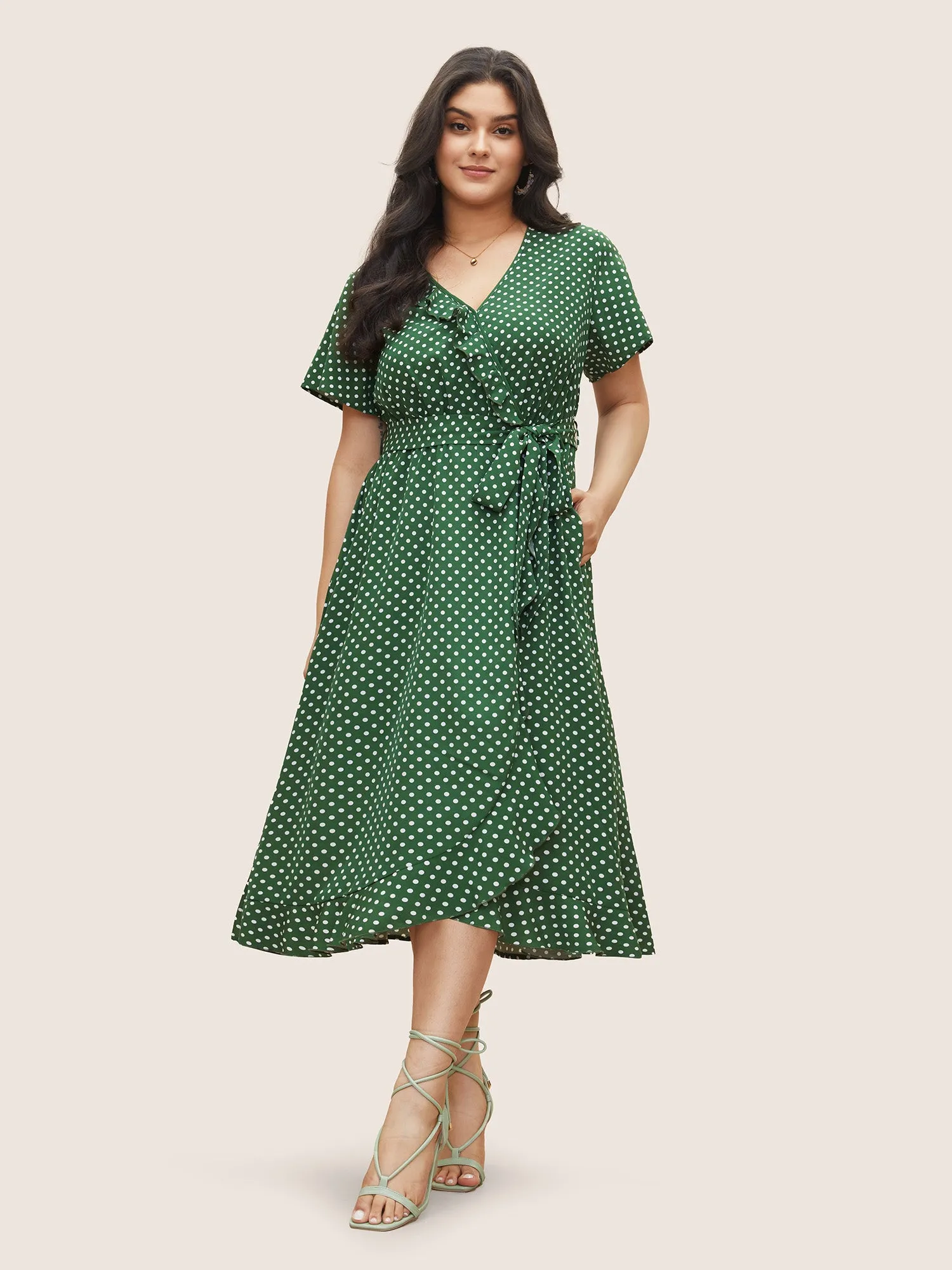 Polka Dot Flutter Trim Belted Overlap Collar Dress sold by Bloomchic product image thumbnail 2