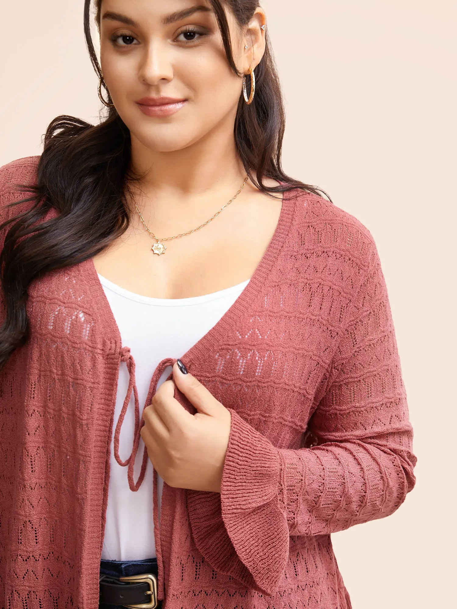 Texture Ruffles Tie Knot Bell Sleeve Cardigan sold by Bloomchic product image thumbnail 5