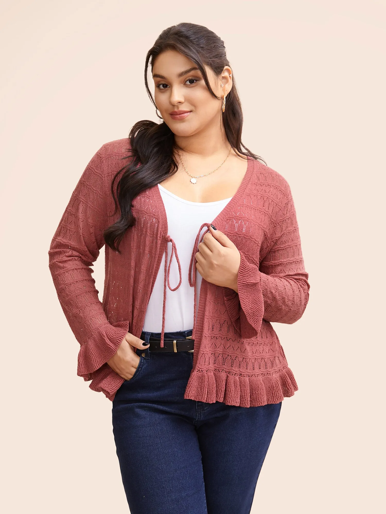 Texture Ruffles Tie Knot Bell Sleeve Cardigan sold by Bloomchic product image thumbnail 4