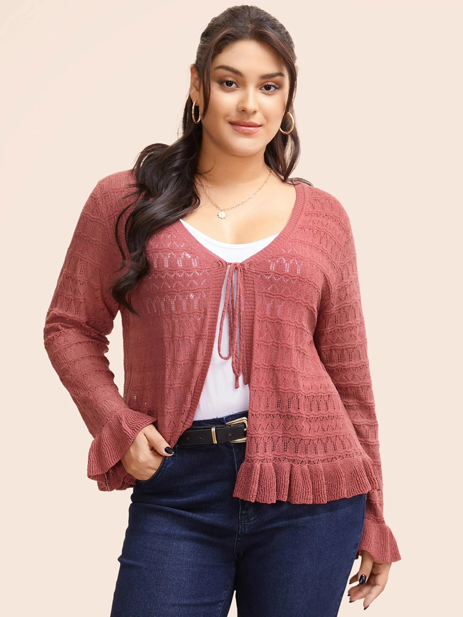 Texture Ruffles Tie Knot Bell Sleeve Cardigan sold by Bloomchic