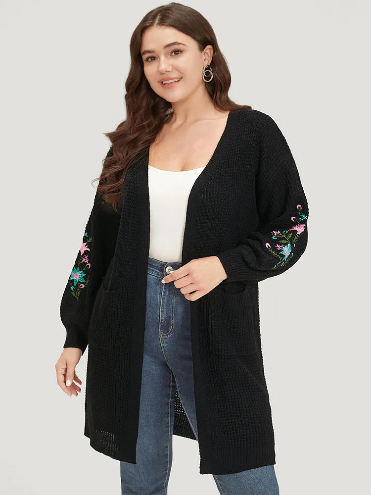 Plants Embroidered Lantern Sleeve Open Front Cardigan sold by Bloomchic