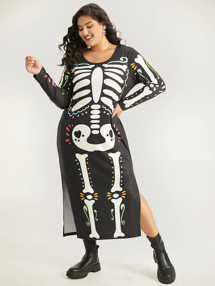 Halloween Skull Print Round Neck Split Hem Dress sold by Bloomchic