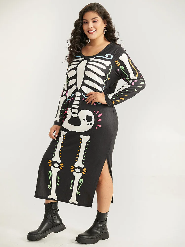 Halloween Skull Print Round Neck Split Hem Dress sold by Bloomchic product image thumbnail 2