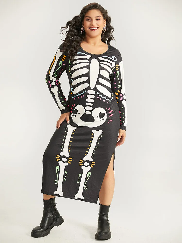 Halloween Skull Print Round Neck Split Hem Dress sold by Bloomchic product image thumbnail 3