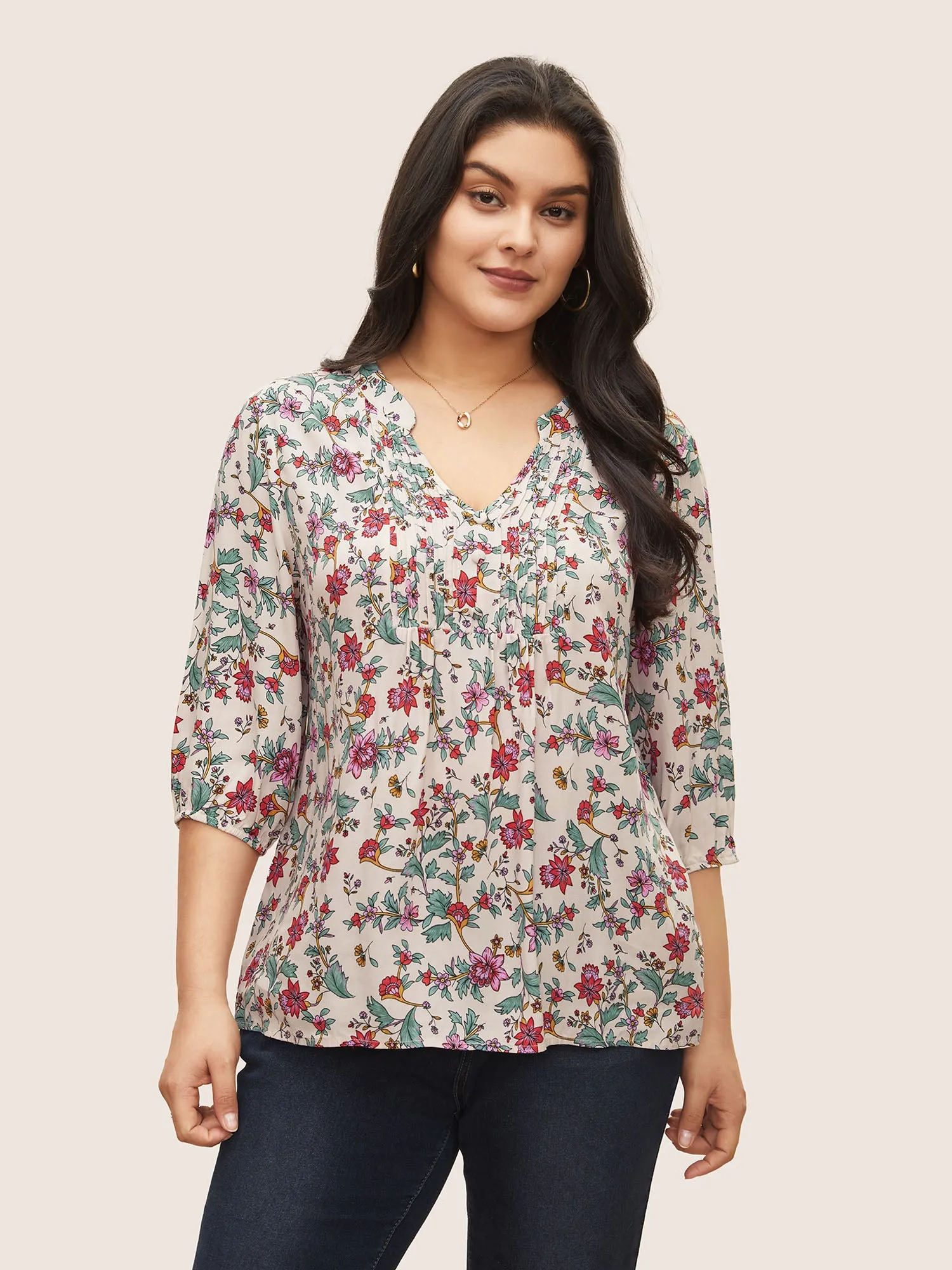 Floral Notched Pleated Lantern Sleeve Blouse sold by Bloomchic product image thumbnail 2